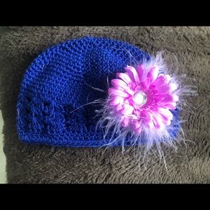 NWOT Royal Blue Handmade crochet hat w/Flower Pouff